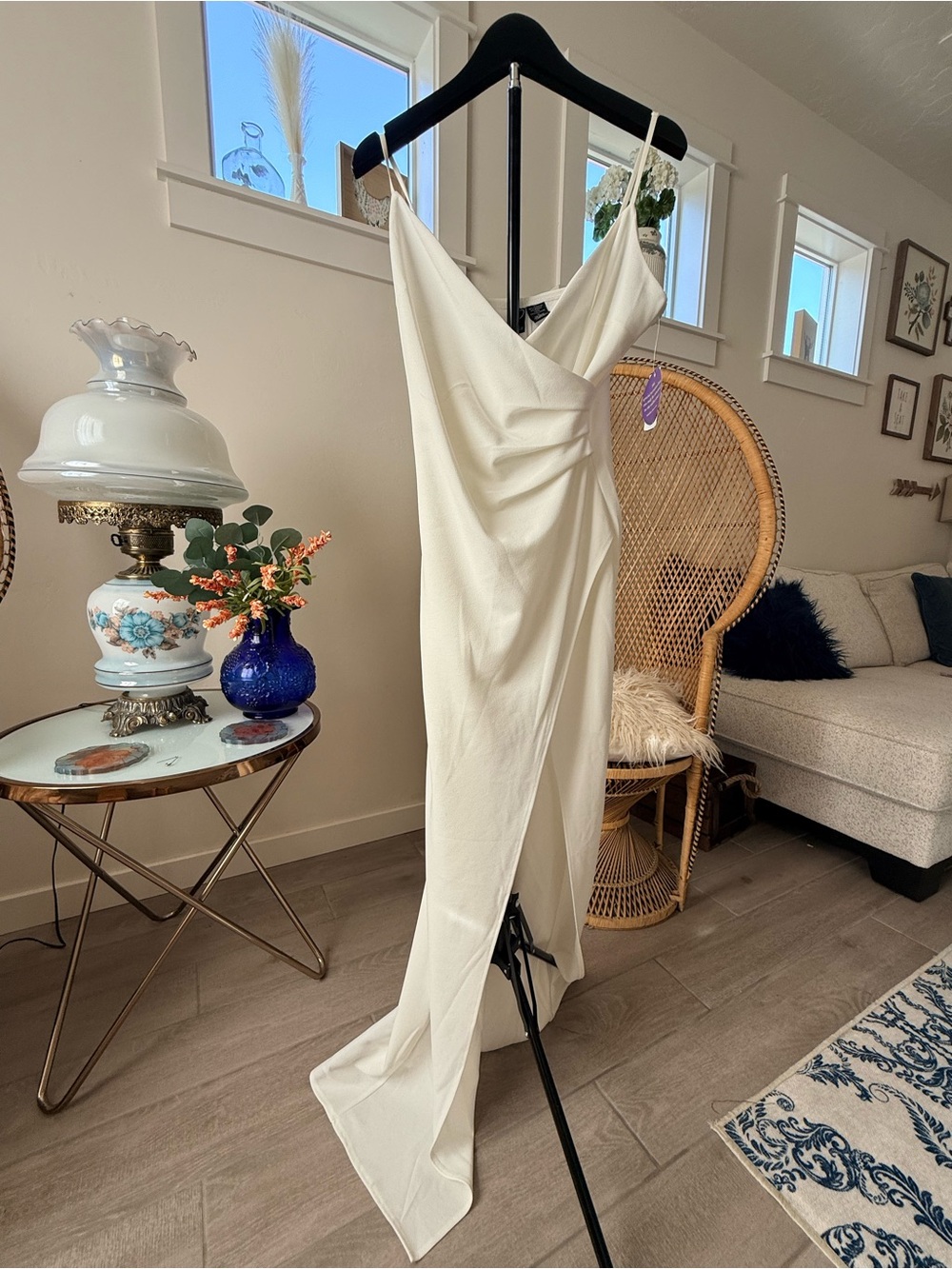 Elegant White Spaghetti‑Strap Draped formal Dress - Picture 2 of 7
